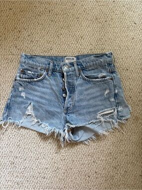 Agolde Distressed Light Blue Button-Front Denim Cutoff Shorts